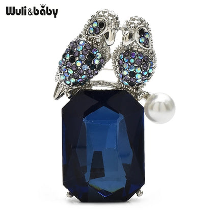 Wuli&baby 2 Birds Singing On Crystal Brooches Pins 2-color Beautiful Rhinestone Animal For Women's Clothes Backpack Badge Gifts