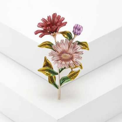 Enamel Chrysanthemum Pin for Women Sunflower Brooches Flower Leaf Pins Banquet Party Backpack Gifts Jewelry Accessories