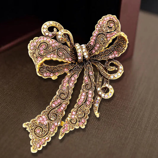 Vintage bow enamel brooch for women, Luxury crystal bow corsage High-grade accessories Clothes pins Jewellery gifts
