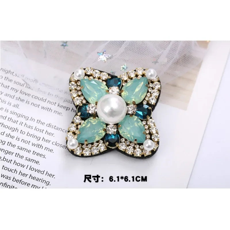 Elegant Geometric Crystal Stone Square Symmetrical Brooch Blue Green Large Rhinestone Cross Flower Pin with Clip for Women