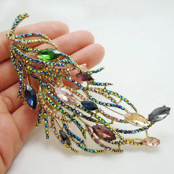 Famous Brand Design Luxurious Retro Design Long Feather Brooch Pin Multi-color Rhinestone Crystal Woman Jewelry Gifts for Girl