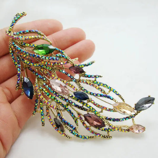 Famous Brand Design Luxurious Retro Design Long Feather Brooch Pin Multi-color Rhinestone Crystal Woman Jewelry Gifts for Girl