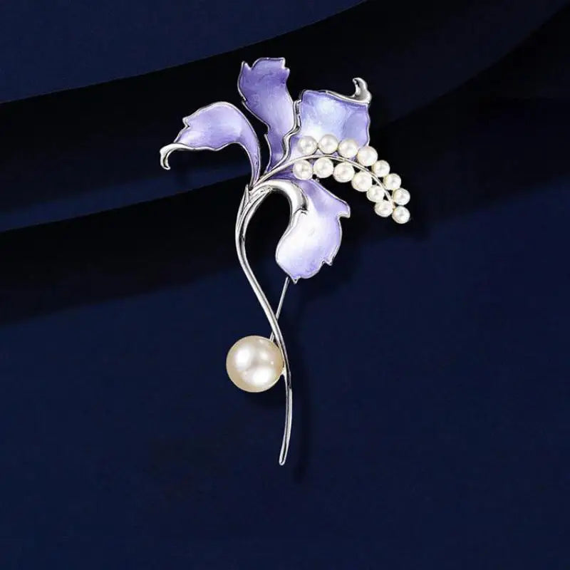 Purple Iris Flower Brooch For Women Shiny Pearl Enamel Pin Elegant Wedding Banquet Jewelry Gift