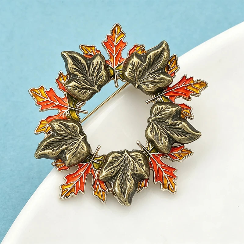 Wuli&baby Enamel Leaves Wreath Brooches For Women Unisex Beautiful Flower Circle Christmas New Year Brooch Pin Gifts