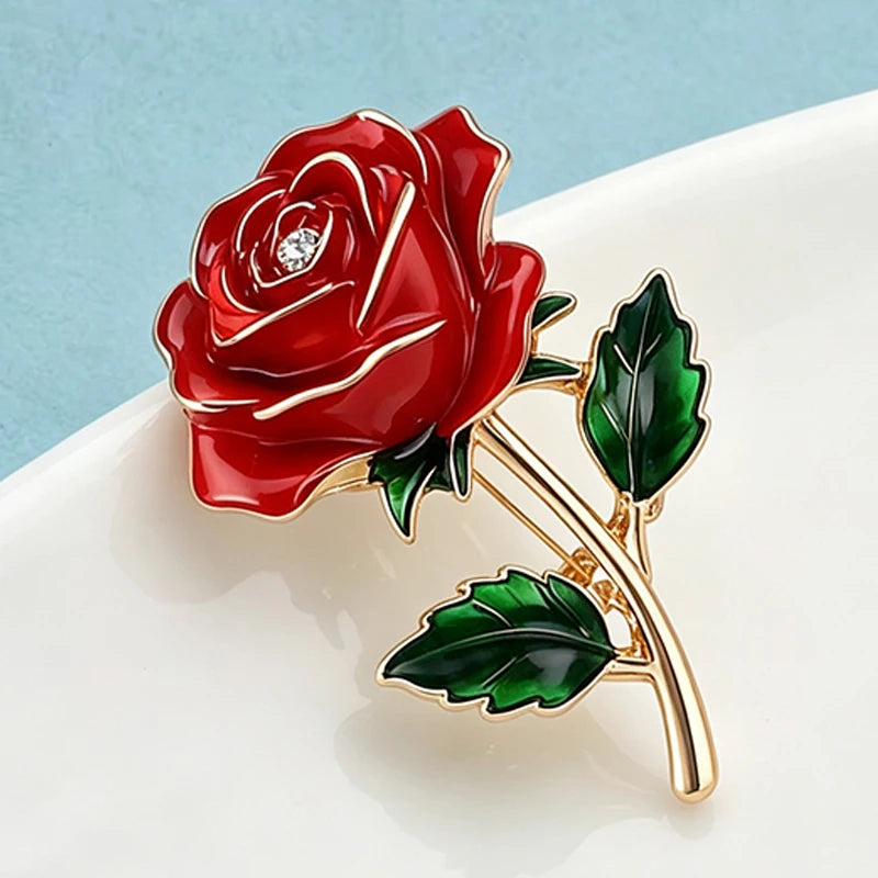 Wuli&baby June Birthday Flower Brooches For Women Lady Red Enamel Rose-flower Party Casual Brooch Pins Fashion Jewelry Gifts