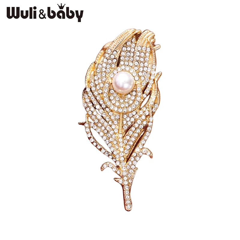 Wuli&baby Luxury Peacock Feather Brooches For Women Unisex Rhinestone Pearl Banquet Party Brooch Pins Gifts