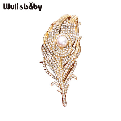 Wuli&baby Luxury Peacock Feather Brooches For Women Unisex Rhinestone Pearl Banquet Party Brooch Pins Gifts