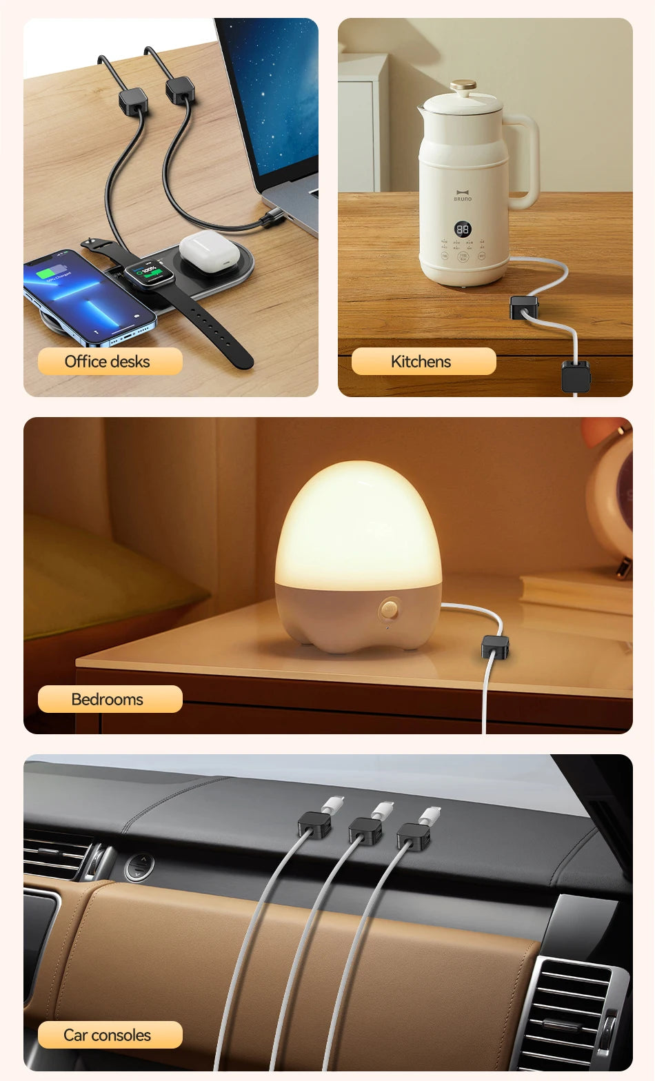 Rocoren Magnetic Cable Organizer Smooth Adjustable Cord Holder Magnet Desktop Cable Management Wire Protector Cable Clips Set