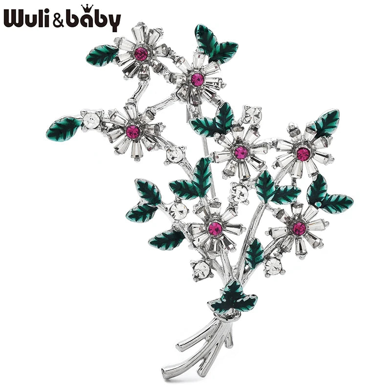 Wuli&baby Beautiful Banquet Flowers Brooches For Women Unisex 2-color Rhinestone Charming Plants Party Office Brooch Pins Gifts