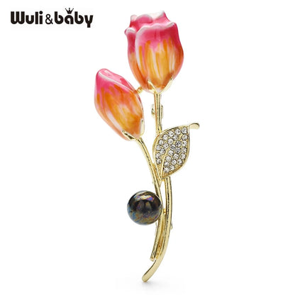Wuli&baby Enamel Purple Tulip Brooch Pins Gray Pearl Flower Rhinestone Leaf for Women Jewelry Accessory Gift
