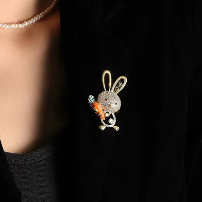 Cute Cartoon Rabbit Bunny Carrot Brooch Rhinestone Animal Lapel Pin Bag Backpack BFF Jewelry Accessories Gift