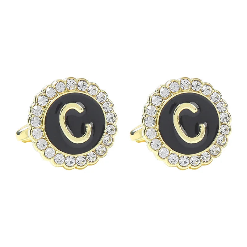 New Round Rhinestone Cufflinks for Men 26 English Letter Cuff Links Button French Business Accessories Gifts