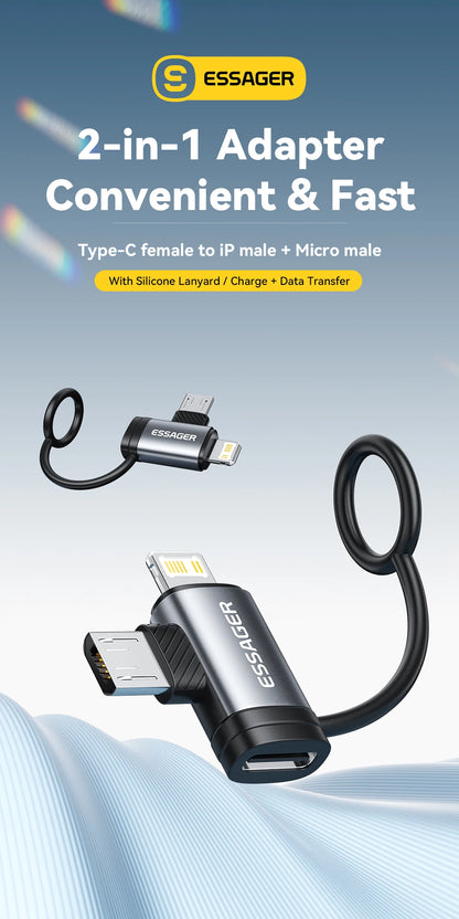 Essager 2 IN 1 Lighting/Micro Adapter Fast Charging USB Type C Female Connector For iPhone 17 16 15 14 13 12 11 IPad Converter