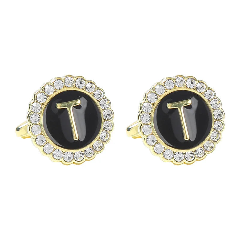 New Round Rhinestone Cufflinks for Men 26 English Letter Cuff Links Button French Business Accessories Gifts