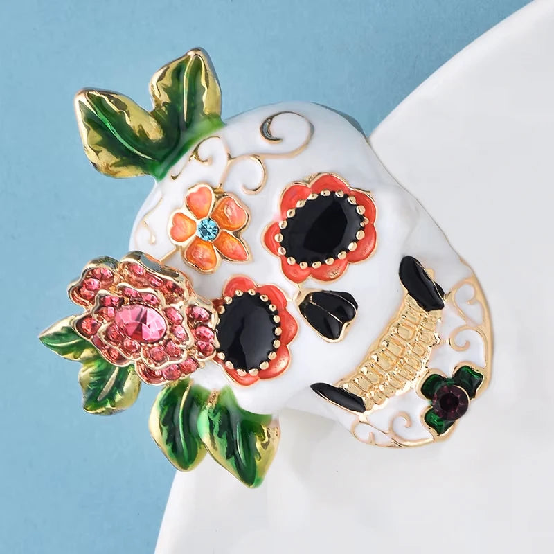 Wuli&baby Lovely Enamel Skull Brooches For Women Unisex Flower And Skeleton Casual Party Coat Brooch Pins Gifts