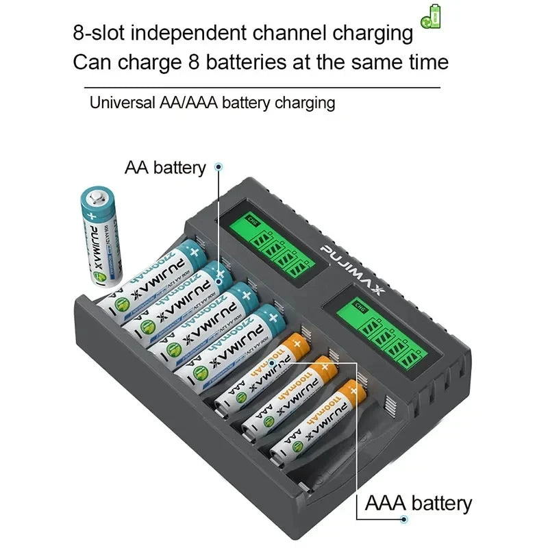 PUJIMAX 8-slot Battery Charger Suitable 1.2V AAA/AA Rechargeable Battery Short Circuit Protection LED Display NiMH/NiCd Charger