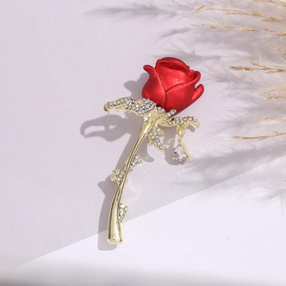 Shiny Rhinestone Red Rose Flower Brooches for Women Elegant Exquisite Suit Dress Flower Branch Lapel Pins Wedding Badge Jewelry