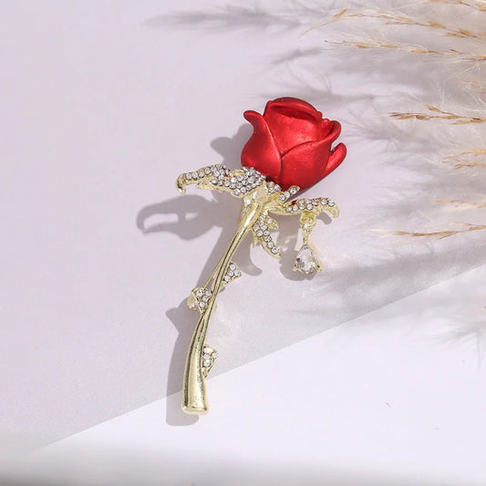 Shiny Rhinestone Red Rose Flower Brooches for Women Elegant Exquisite Suit Dress Flower Branch Lapel Pins Wedding Badge Jewelry