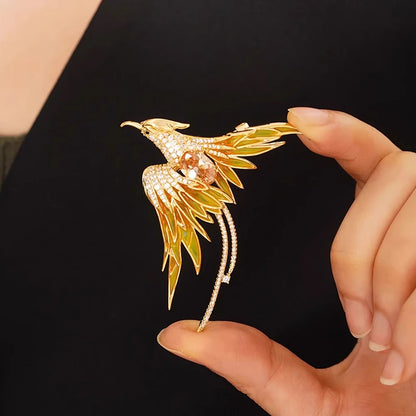 Luxury Crystal Phoenix Bird Brooches For Women Men Unisex Colorful Yellow Enamel Pins Chinese Birds Party Office Jewelry Gifts