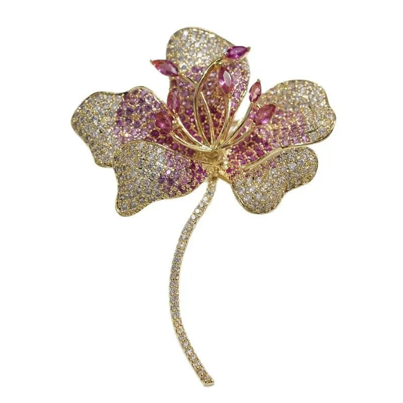 Elegant Luxury Zirconia Brooch Pin Jacket Accessory Hibiscus Flower High End Chest Flower Pin Chinese Traditional Jewelry