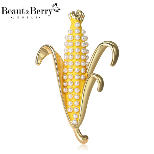 Beaut&Berry Trendy Pearl Corn Brooches for Women Unisex Plant Vegetables Pins Casual Party Accessories Gifts Friend Decoration