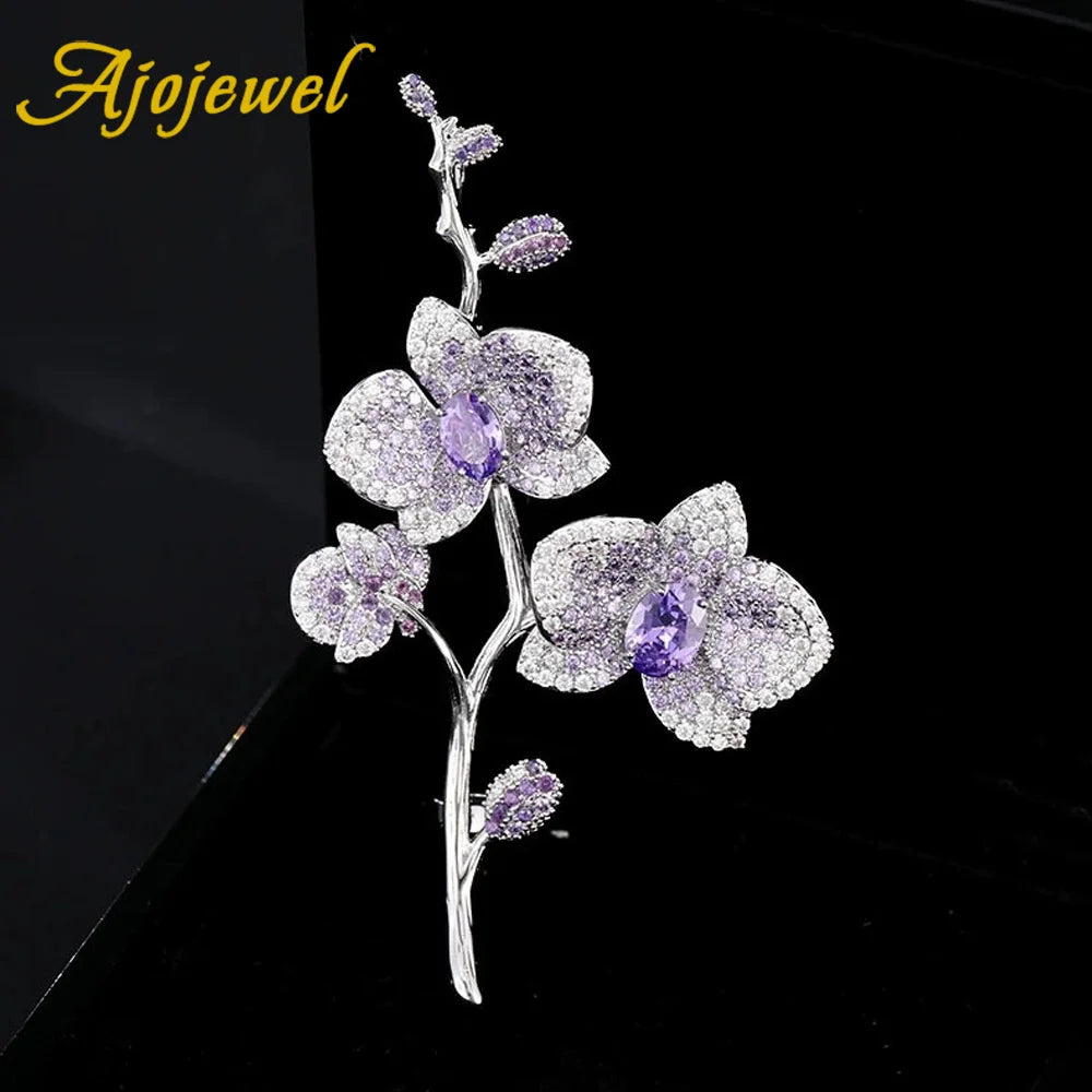 Ajojewel Purple Flowers Crystal Brooch Phalaenopsis Bouquet Pin Elegant Party Jewelry Christmas Gift Woman Birthday