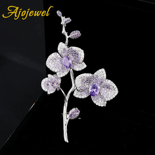 Ajojewel Purple Flowers Crystal Brooch Phalaenopsis Bouquet Pin Elegant Party Jewelry Christmas Gift Woman Birthday