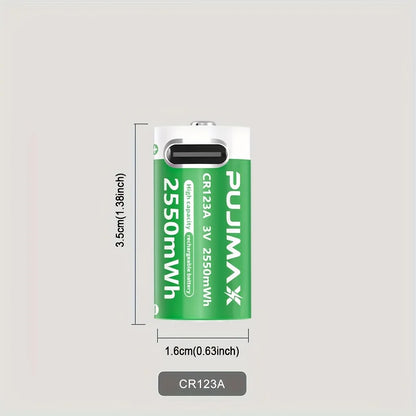 PUJIMAX CR123A Batteries With USB-C Fast Charging Cable-High Capacity 2550mWh Li-ion Polymer Cells For Flashlights Cameras