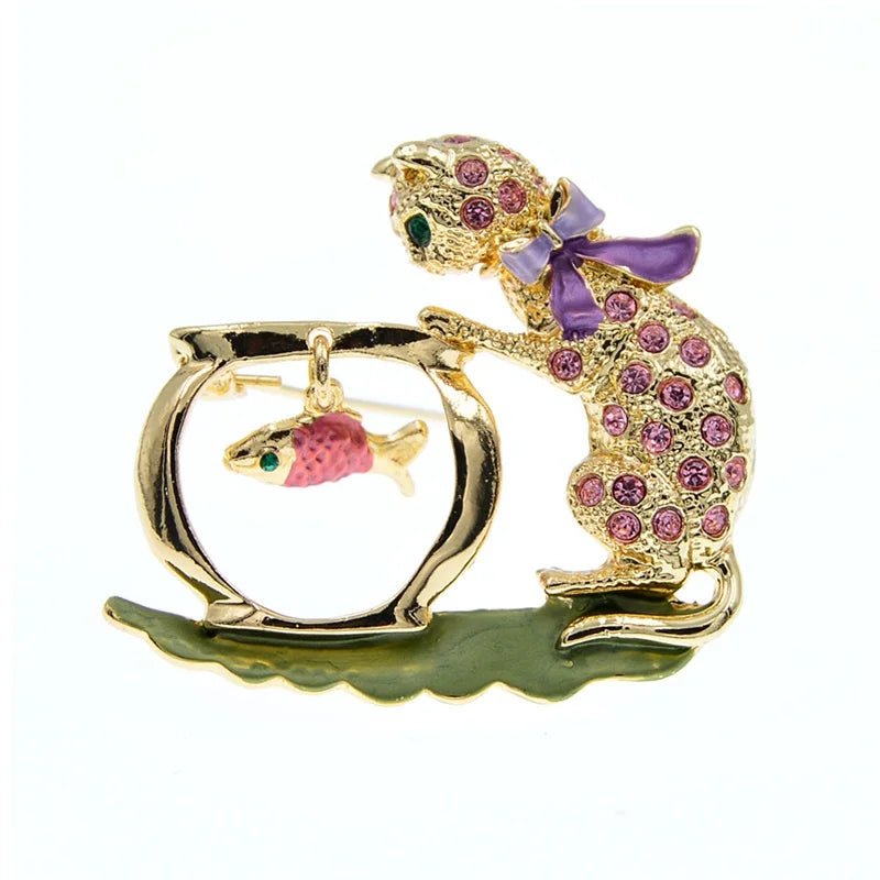 Rhinestone Bowknot Cat Brooch Cute Kitten Looking Fish Pins New Year Jewelry