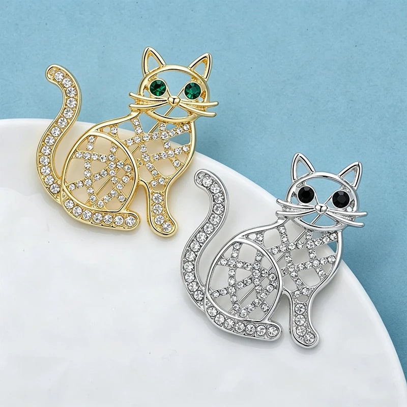 Wuli&baby Cute Hollow-out Cat Brooches For Women Men 2-color Rhinestone Alloy Kitty Animal Party Causal Brooch Pins Gifts