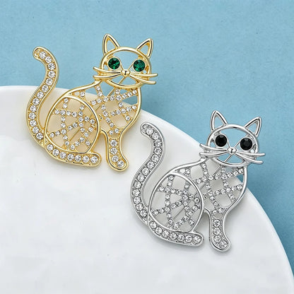 Wuli&baby Cute Hollow-out Cat Brooches For Women Men 2-color Rhinestone Alloy Kitty Animal Party Causal Brooch Pins Gifts