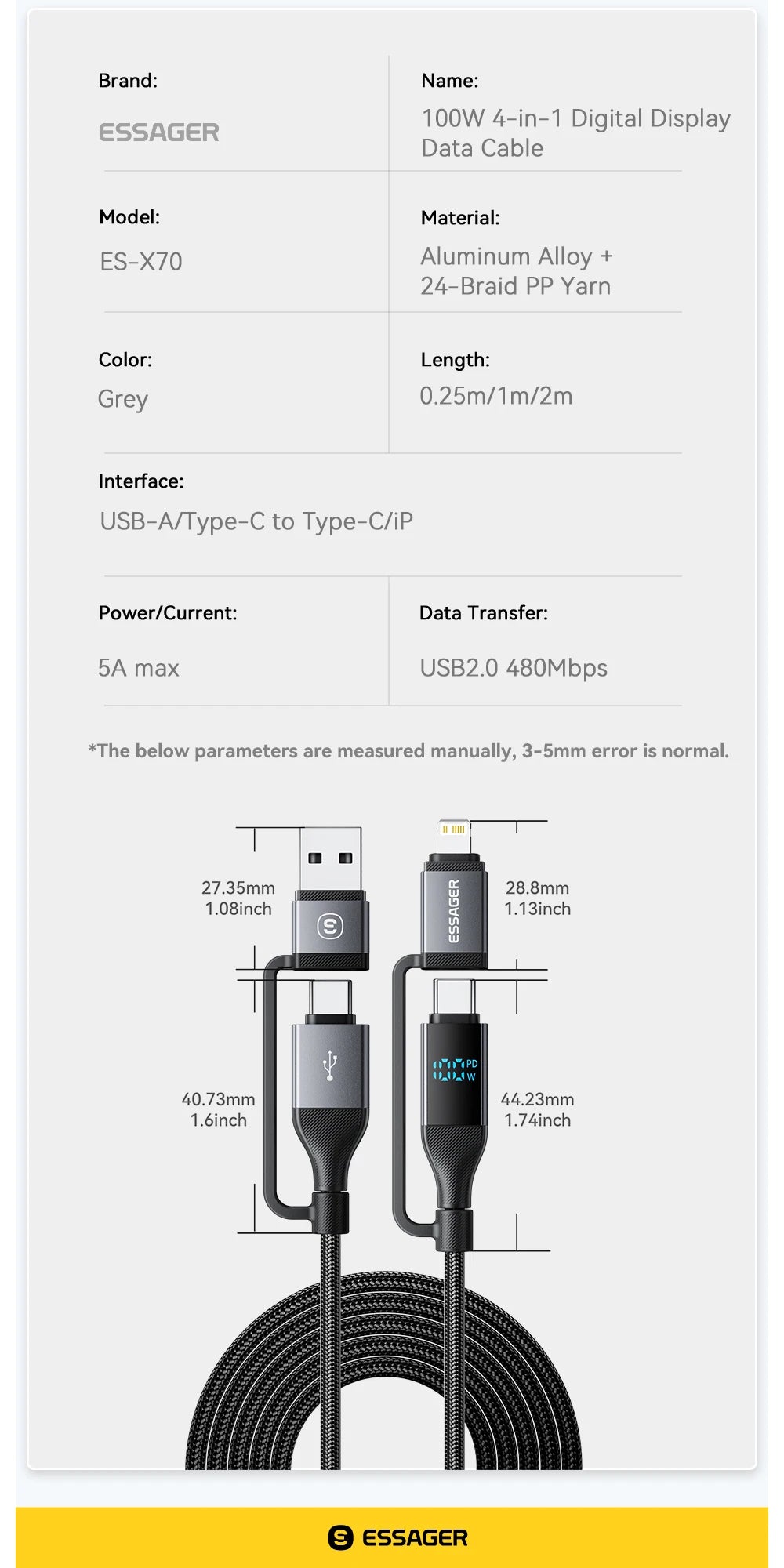 Essager 4 In 1 Digital Display USB Cable Type C 100W PD Fast Charging Wire For iPhone Macbook iPad Xiaomi Type C Lighting Cable