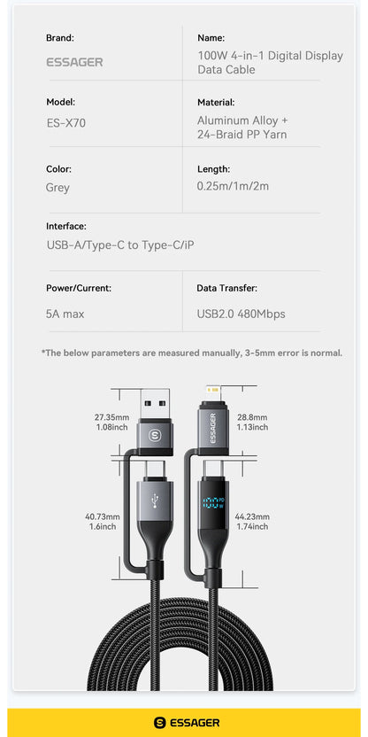Essager 4 In 1 Digital Display USB Cable Type C 100W PD Fast Charging Wire For iPhone Macbook iPad Xiaomi Type C Lighting Cable
