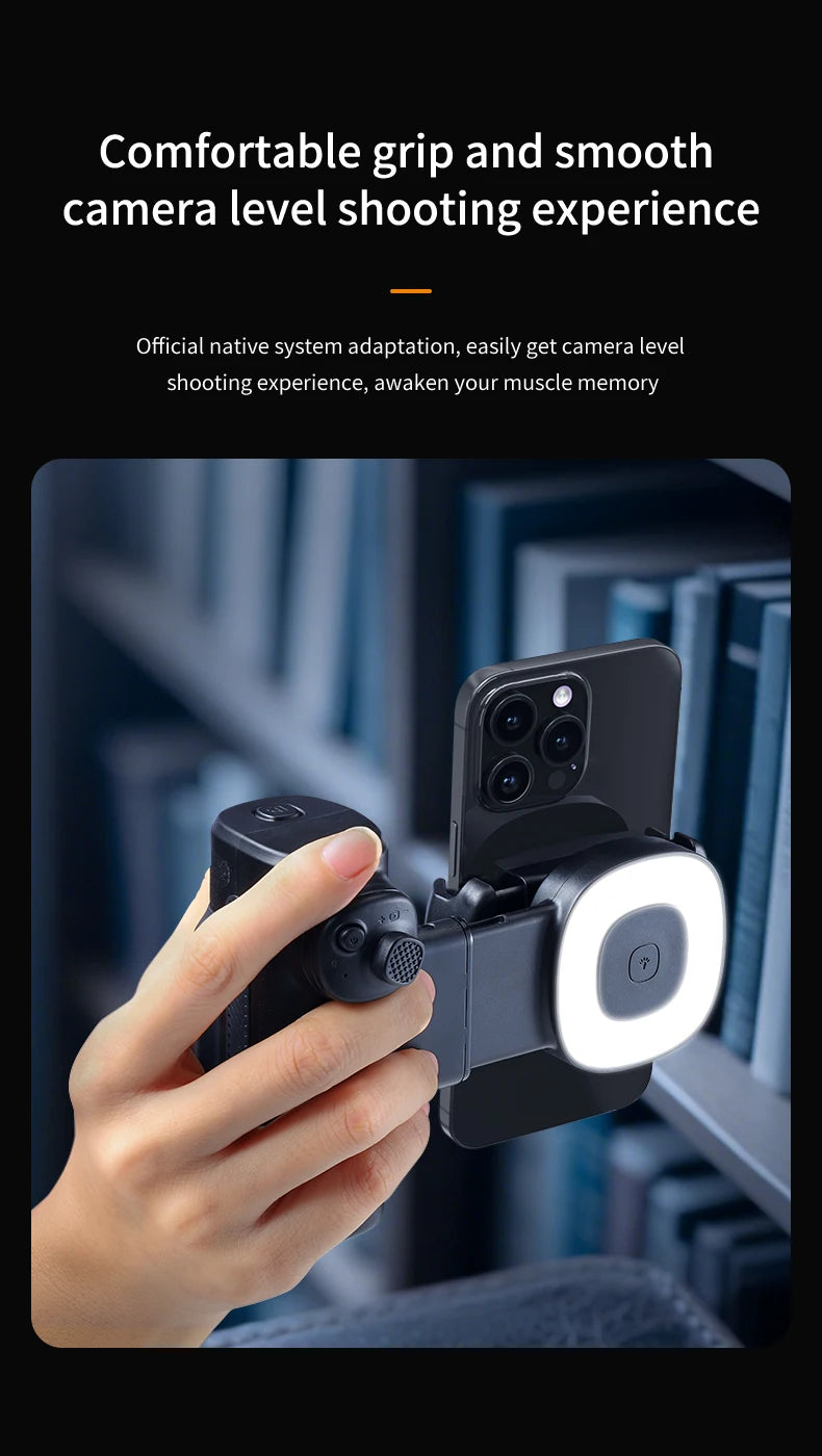 Single-Axis Phone Grip with Bluetooth LED Selfie Light, Adjustable Angle for Smartphone Photography, Video Live Streaming