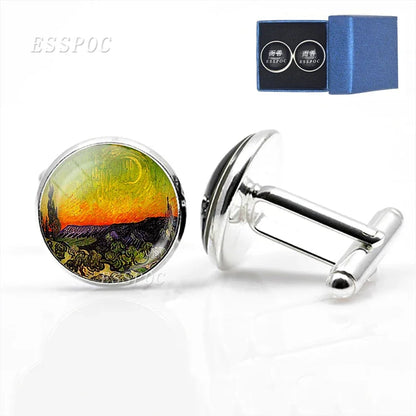 Van Gogh Oil Painting Glass Alloy Cufflinks Starry Night Sunflower Suit Cuff Links Men Shirt Accessories Husband birthday Gift