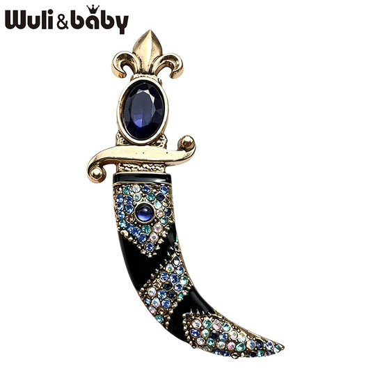 Wuli&baby Vintage Curved Scimitar Design Brooches For Women Men 2-color Rhinestone Tool Party Office Brooch Pins Gifts