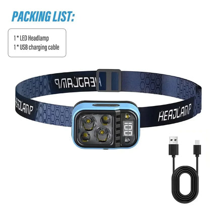 Rechargeable Fishing LED Headlamp With Sensors and Battery Indicator Super Bright Camping Light Using XPG+COB Lamp Beads