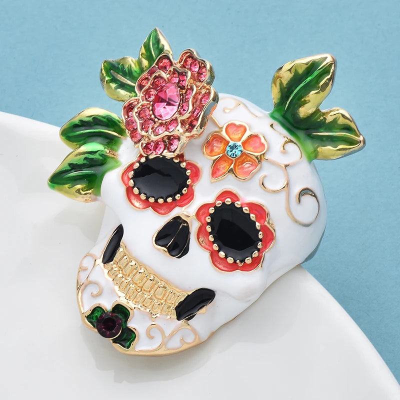 Wuli&baby Lovely Enamel Skull Brooches For Women Unisex Flower And Skeleton Casual Party Coat Brooch Pins Gifts