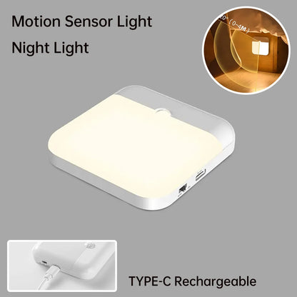LED Motion Sensor Light Wireless LED Night Light Type C Rechargeable Night Light Cabinet Wardrobe Lamp Staircase For Kitchen LED