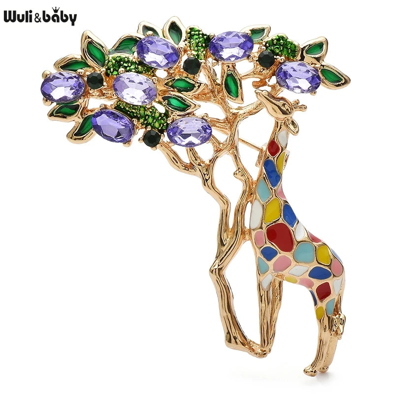 Wuli&baby Crystal Eating Leaves Giraffe Brooches For Women Unisex 2-color Enamel Beautiful Animal Tree Christmas Brooch Pins
