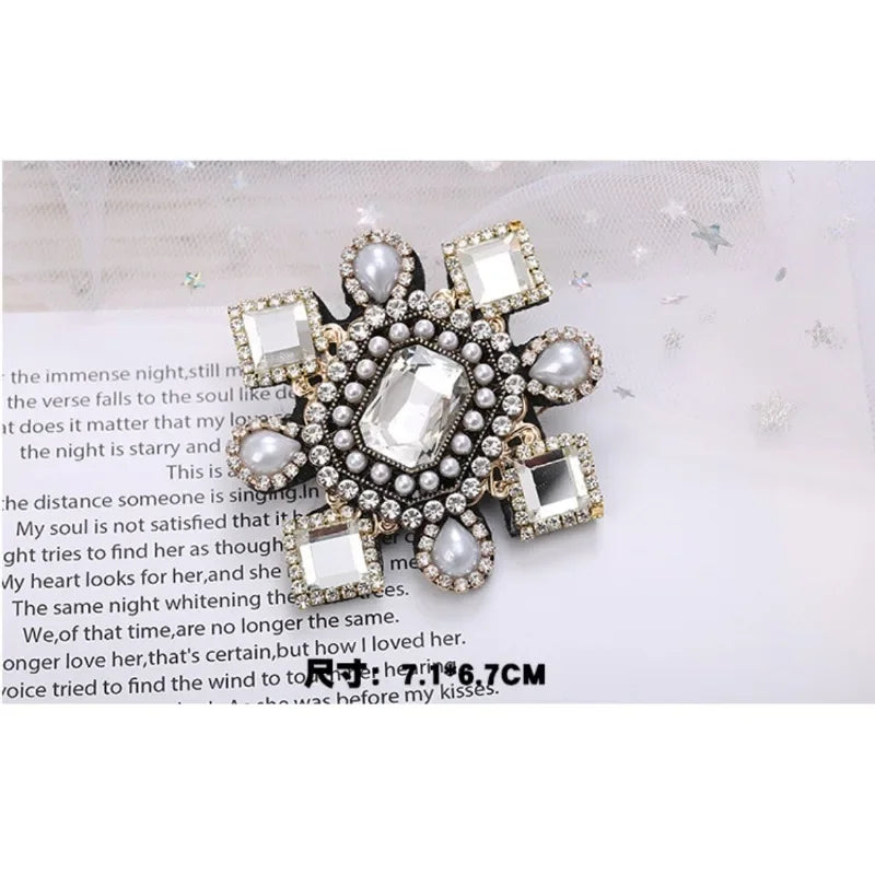 Elegant Geometric Crystal Stone Square Symmetrical Brooch Blue Green Large Rhinestone Cross Flower Pin with Clip for Women