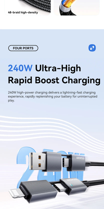 Essager 240W 4-in-1 Fast Charging Cable for iPhone17 16 15 Pro Max Macbook iPad Xiaomi Samsung Macbook USB Type C To USB C Cable