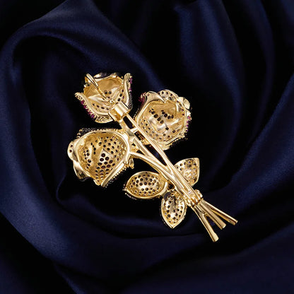 OKILY Luxury Artificial Red Corundum Rose Bouquet Brooch Women Elegant Atmosphere Dinner Coat Accessories Zircon Flower Corsage