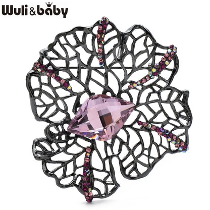 Wuli&baby High Quality Hollow Out Flower Brooches 4-color Crystal Plants Brooch Pins For Women's Clothes Bags Gifts