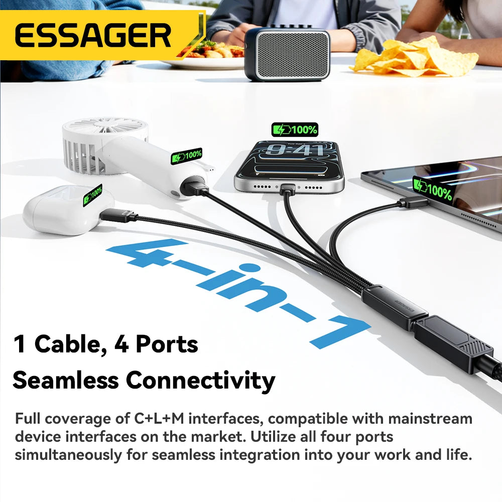 Essager-4-in-1 Fast Charging Cable for Travel, Type C Female to Multi USB, 2 Type C, Micro, Lightning Adapters