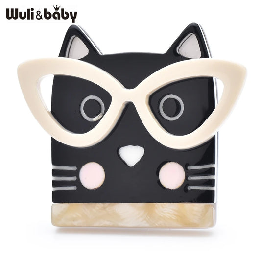 Wuli&baby Cute Acrylic Cat Brooches For Women Lady Wear Glasses Kitty Animal Party Casual Brooch Pins Gifts