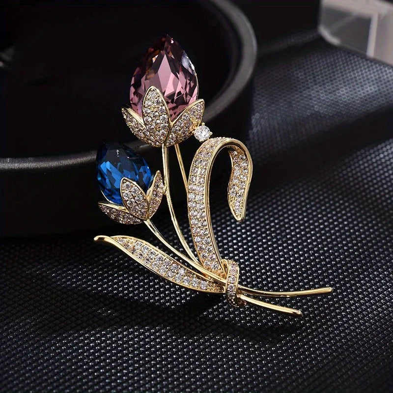 Ladies Novelty Retro Twin Flower Brooch High-grade Women's Exquisite Crystal Flower Corsage Anti-slip Pin Suit Accessories