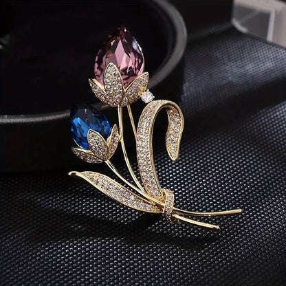 Ladies Novelty Retro Twin Flower Brooch High-grade Women's Exquisite Crystal Flower Corsage Anti-slip Pin Suit Accessories