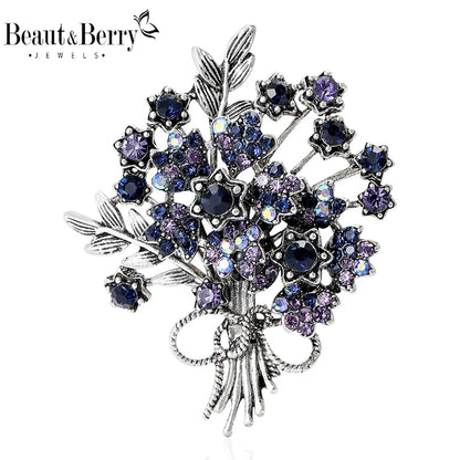 Beaut&Berry Luxury Rhinestone Flower Bouquet Brooches for Women Plant Pins Friends Party Gifts Banquet Jewellery Accessories