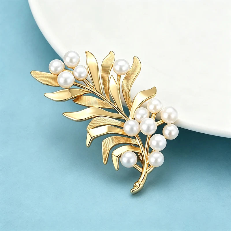Wuli&baby Charming Pearl Leaf Brooches For Women Unisex Flower Feather Plants Causal Party Brooch Pin Gifts